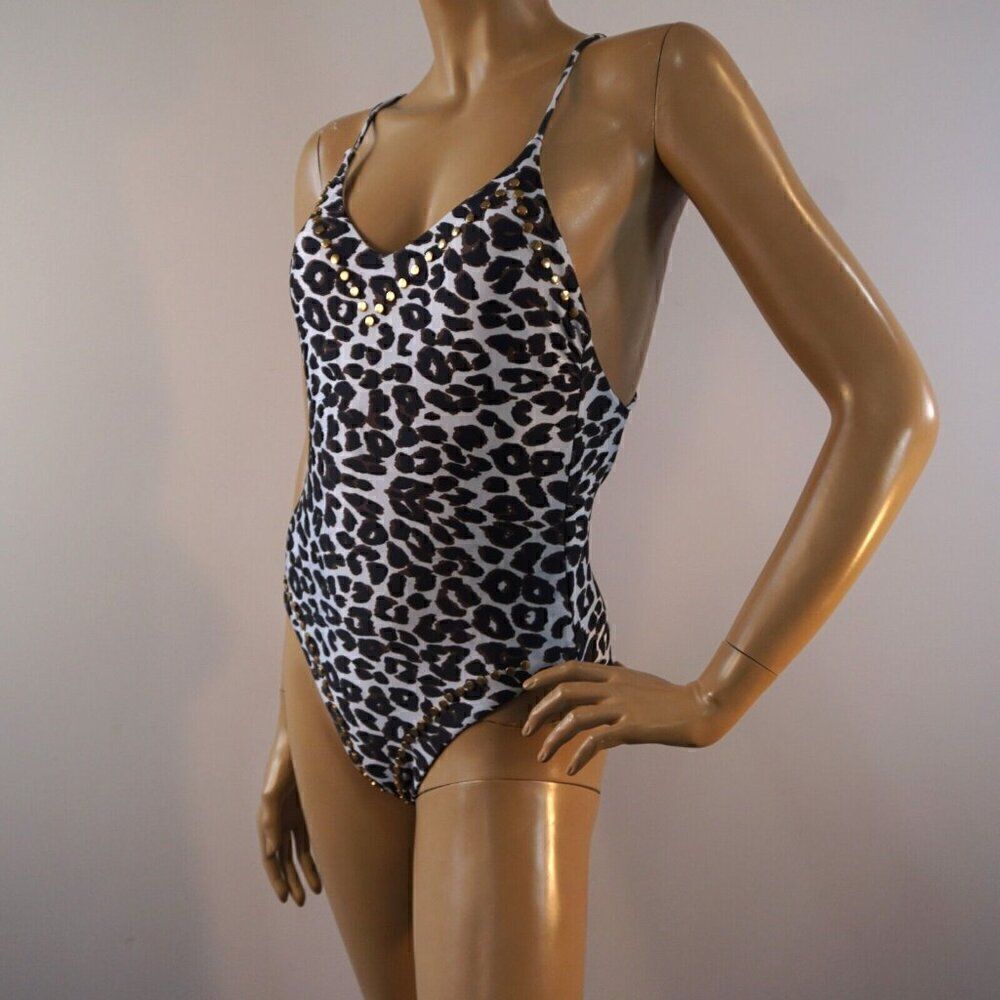 Juicy Couture Womens Nailhead One Piece Swimsuit Sz M High Cut Animal Print